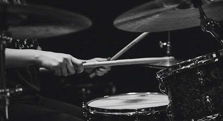 Naklejka premium Person Playing Drums in Black and White with Drumsticks