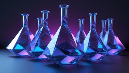 Low-poly chemical glass flasks with polygonal triangular shapes, glowing blue—futuristic research and technology concept in medicine and business illustration 