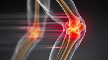 Dynamic graphic illustrating cartilage thinning and inflammatory redness on joint bones during movement in degenerative arthritis.