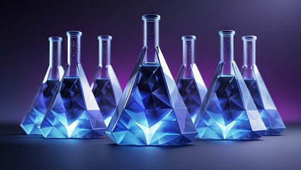Low-poly chemical glass flasks with polygonal triangular shapes, glowing blue—futuristic research and technology concept in medicine and business illustration 