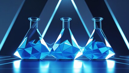 Low-poly chemical glass flasks with polygonal triangular shapes, glowing blue—futuristic research and technology concept in medicine and business illustration 