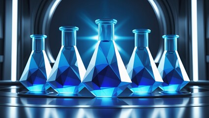 Low-poly chemical glass flasks with polygonal triangular shapes, glowing blue—futuristic research and technology concept in medicine and business illustration 