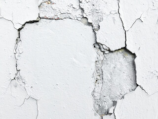 White cracked plaster wall texture. Grunge background with peeling paint and damaged surface detail.