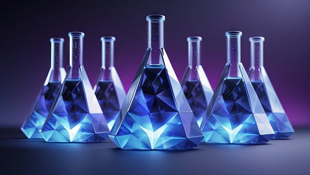 Low-poly chemical glass flasks with polygonal triangular shapes, glowing blue—futuristic research and technology concept in medicine and business illustration