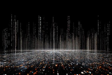 Binary coding data processing visualized over a mesh of connected digital elements, binary coding data processing over mesh of connections on black background
