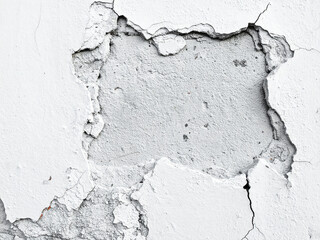 White cracked plaster wall texture. Grunge background with peeling paint and damaged surface detail.