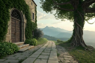 Obraz premium Ancient ivycovered stone building with a large tree and a stone pathway leading towards misty mountains at dawn