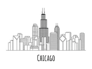 Chicago Skyline: An elegant line-drawing of the iconic Chicago skyline, showcasing its architectural grandeur and urban charm. A perfect emblem of cityscapes and building design.