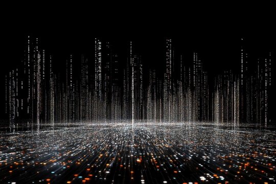 Binary coding data processing visualized over a mesh of connected digital elements, binary coding data processing over mesh of connections on black background