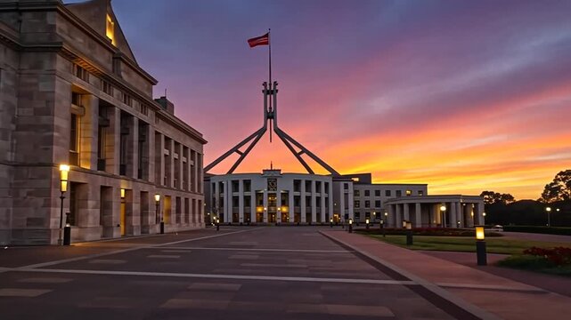 Sunset over Parliament House with vibrant sky and gardens