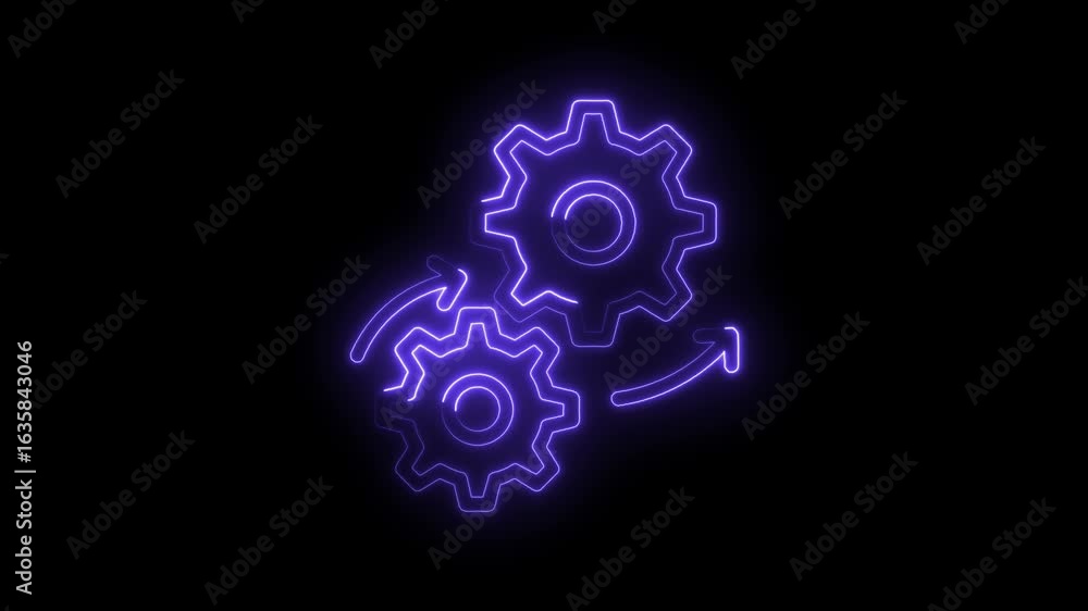 Poster glowing neon purple gears interlocking with circular arrows symbolizing process workflow automation