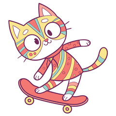 Vector art of cute cartoon cat character with colorful stripes riding a skateboard, isolated on white background