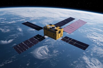 Fototapeta premium Artificial satellite orbiting Earth showcasing solar panels and planet's curvature, artificial earth satellite in orbit planet earth