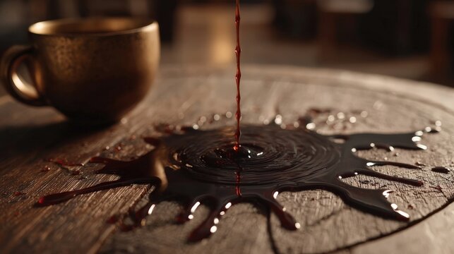 Freshly brewed coffee spills across a dark wood kitchen floor in disarray