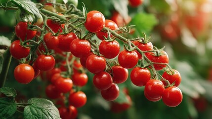 Fresh cherry tomatoes grow abundantly on the vine in a sunlit garden