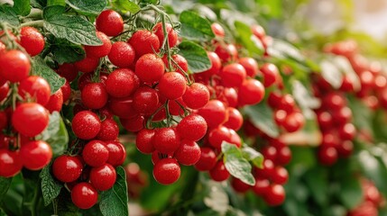 Obraz premium Vibrant cherry tomatoes ripening in a sunny garden during summer harvest season