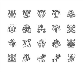 Social Justice icon collection set. Justice, Empowerment, Solidarity, Rights, Opportunity, Diversity, Unity, Community.  editable stroke icon.