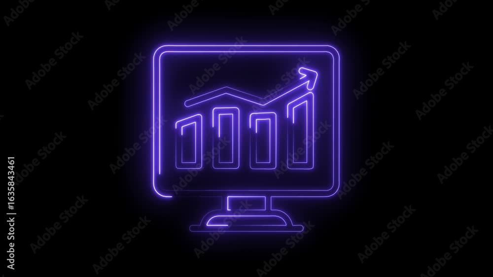 Poster glowing neon purple computer monitor displaying a bar graph with an upward trending arrow isolated o