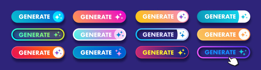 Generate AI buttons set user interface with sparkles. Artificial intelligence button trendy neumorphic style for ui ux element user interface, app, website vector