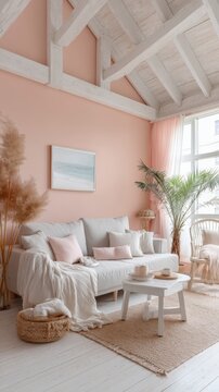 Cozy modern living room with pastel decor and natural elements for a calming atmosphere