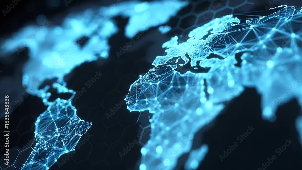 Poster a world map with blue glowing connections between different countries, representing a global network