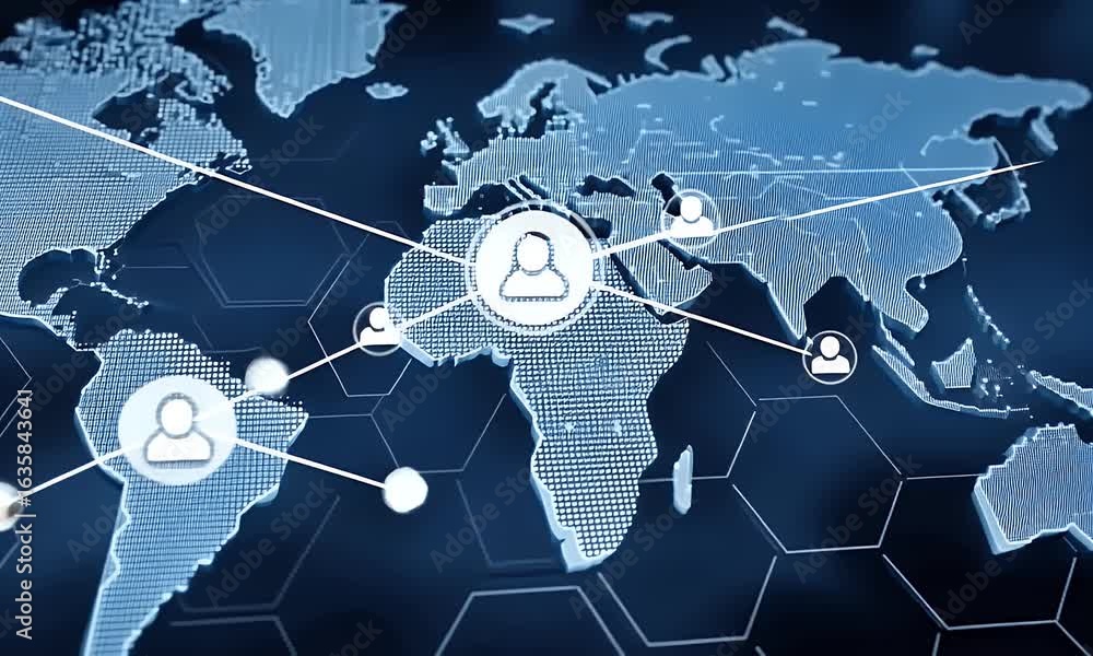 Poster a world map with blue glowing connections between different countries, representing a global network