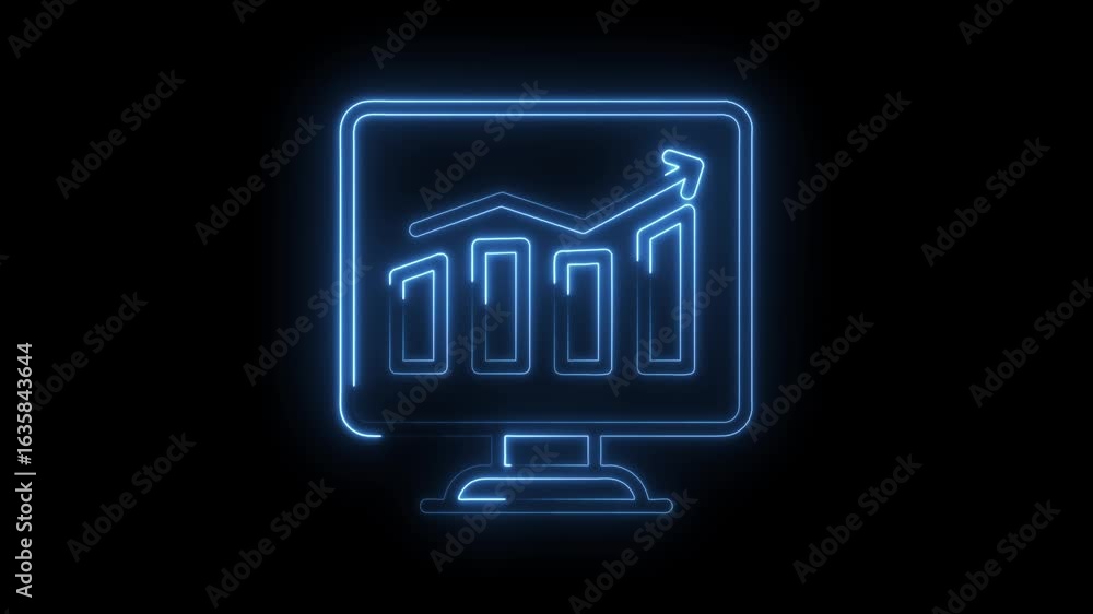 Poster glowing blue neon computer monitor displaying a rising bar graph and upward trending arrow on a tran