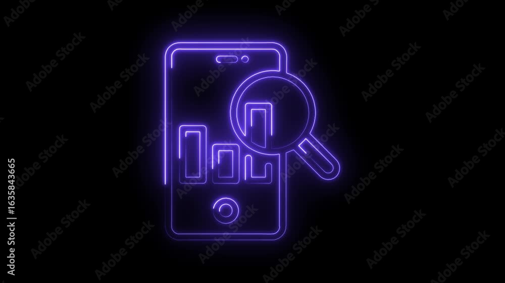 Poster glowing neon purple smartphone screen displaying bar graph analytics with magnifying glass zoom over