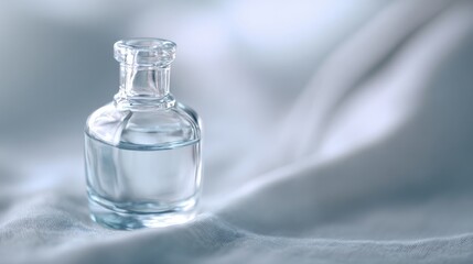 Small elegant glass bottle with dropper containing clear liquid on neutral fabric, minimalist design with label-free simplicity, conveying calm and safety, ample copy space for text or design.