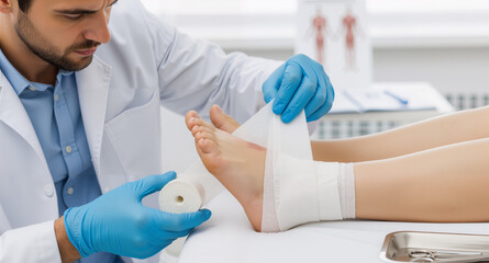 Male doctor bandaging patient's foot in medical office