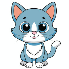 Vector art of cute blue cartoon kitten with big eyes, isolated on white background