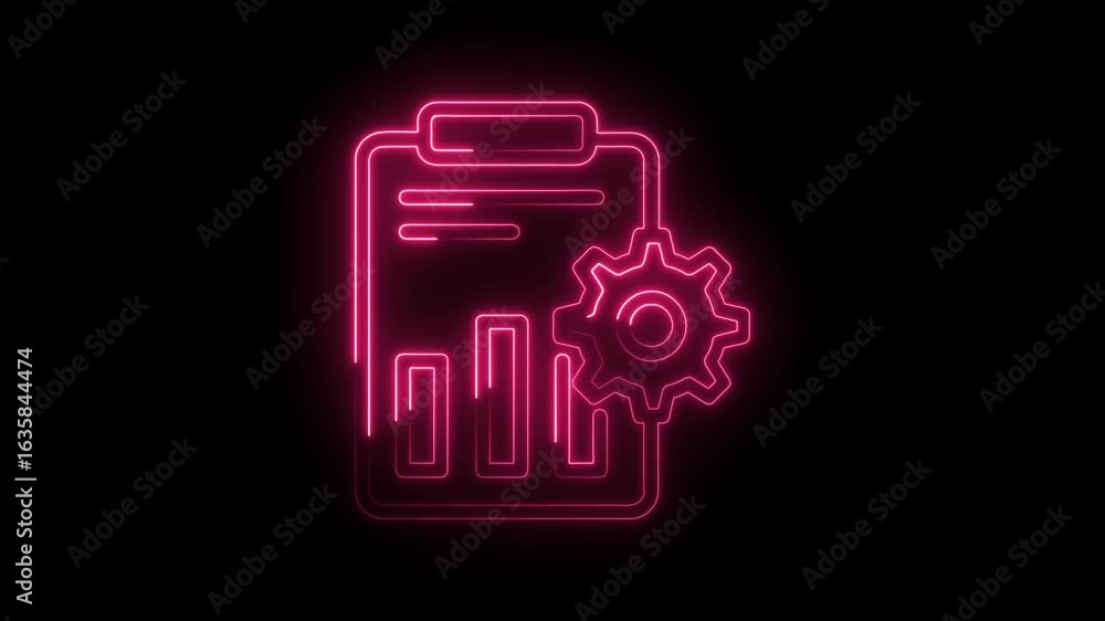 Poster glowing neon pink bar chart icon with gear symbol on black background representing data analysis bus