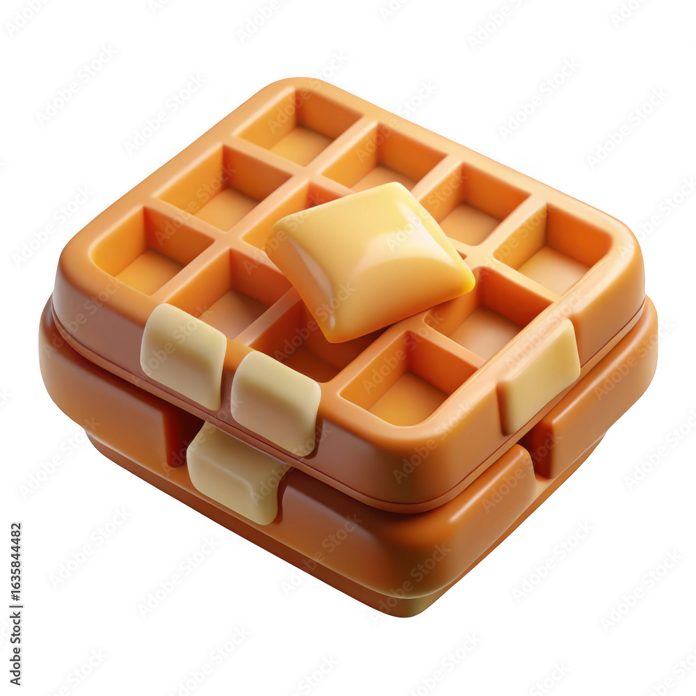 Poster 3d stacked belgian waffles with butter isolated on transparent background