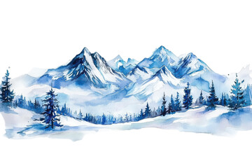 Majestic blue watercolor mountain range reflected in calm water isolated on transparent background. Winter mountain landscape watercolor isolated on white background.