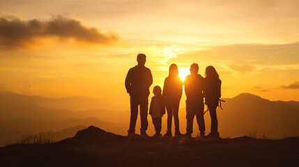 Obraz premium Family silhouette against a mountain sunset, evoking outdoor adventure and togetherness.