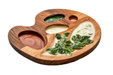 Wooden painter s palette with colorful paint blobs isolated on transparent background. Wooden artist s palette with samples of paints isolated on white background.