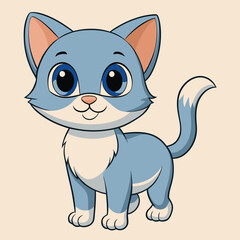 Vector art of cute blue cartoon kitten with big eyes and a fluffy tail, a playful and friendly pet