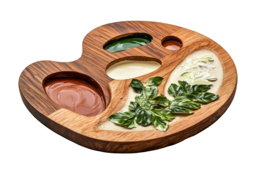 Wooden painter s palette with colorful paint blobs isolated on transparent background. Wooden artist s palette with samples of paints isolated on white background.