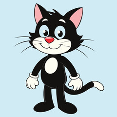 Vector art of a cute cartoon black cat with white chest and paws, standing and smiling with big blue eyes and pink ears