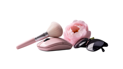 Pink makeup brush and computer mouse with a pink flower on a black background