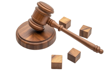 Wooden gavel and cubes isolated on transparent background. Wooden gavel and sound block isolated on white background.