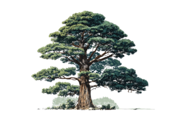 Mature, lush, green coniferous tree against a dark background.  Full, broad canopy with varying shades of green.  Tree trunk thickens towards base.  Soft, light-colored ground visible at base