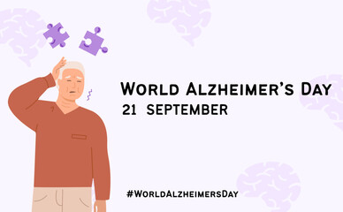 World alzheimer day awareness horizontal banner with elderly man feeling unwell, confused, signs of memory loss. Concept of dementia disease prevention poster template for social media. Vector.