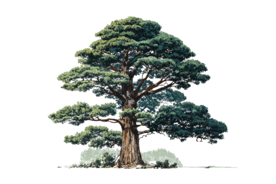 Mature, lush, green coniferous tree against a dark background.  Full, broad canopy with varying shades of green.  Tree trunk thickens towards base.  Soft, light-colored ground visible at base