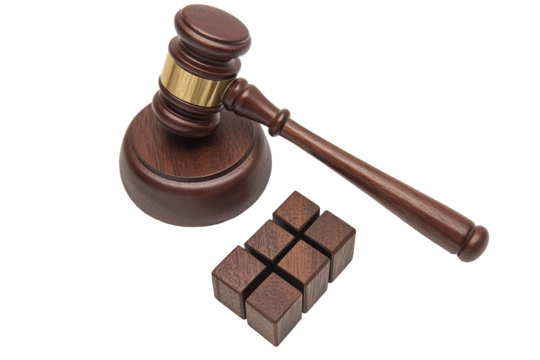 Wooden judge's gavel and sounding block isolated on transparent background. Wooden gavel and sound block isolated on white background.