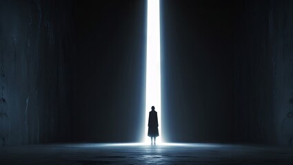 A vertical white light beam cuts through a dark room, illuminating a lone figure