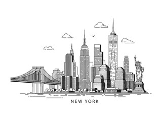 New York City Skyline in Monochrome: A minimalist depiction of the iconic New York City skyline in striking monochrome, showcasing its legendary buildings in a simple, yet powerful, artistic manner.