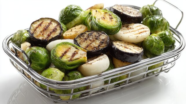 Grilling basket filled with vibrant Brussels sprouts, onions, and eggplant ready to cook