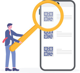 Flat illustration of remote worker scanning QR checklists with magnifying glass in digital workspace for task verification and data tracking

