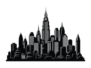 Fototapeta premium Skyline Silhouette: A striking monochrome illustration of a metropolitan skyline, featuring iconic skyscrapers silhouetted against a gradient backdrop.